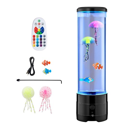 Slickblue; Black ABS Sensory Bubble Tube Lamp with Color Changing Jellyfish Fish Light, Bluetooth Speaker, White Noise Feature, LED Ambient Night Lamp for Bedroom and Home Decor; Category:Floor Lamps; Image:1